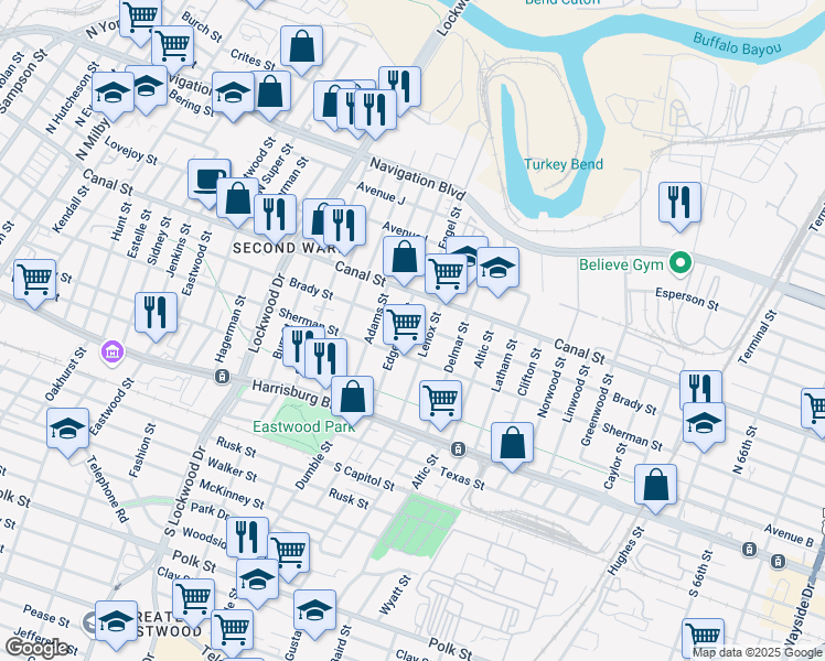 map of restaurants, bars, coffee shops, grocery stores, and more near 5206 Brady Street in Houston
