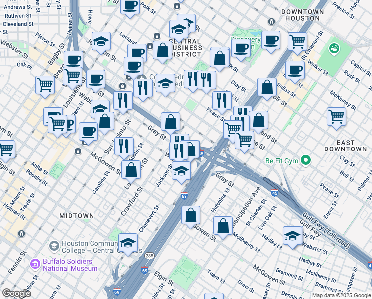 map of restaurants, bars, coffee shops, grocery stores, and more near 1703 Gray Street in Houston