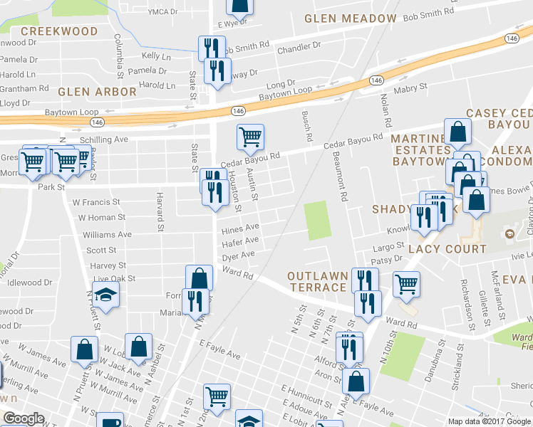 map of restaurants, bars, coffee shops, grocery stores, and more near 304 Alva Avenue in Baytown
