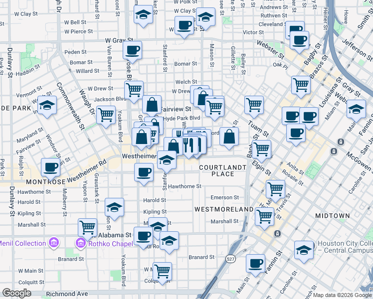 map of restaurants, bars, coffee shops, grocery stores, and more near 406 Avondale Street in Houston