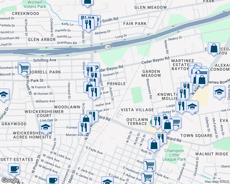 map of restaurants, bars, coffee shops, grocery stores, and more near 304 Alva Avenue in Baytown