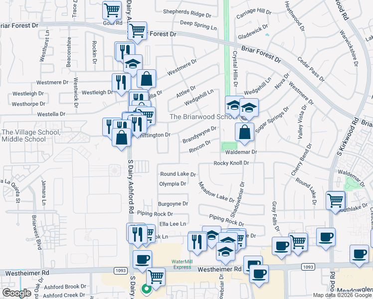 map of restaurants, bars, coffee shops, grocery stores, and more near 12414 Rincon Drive in Houston