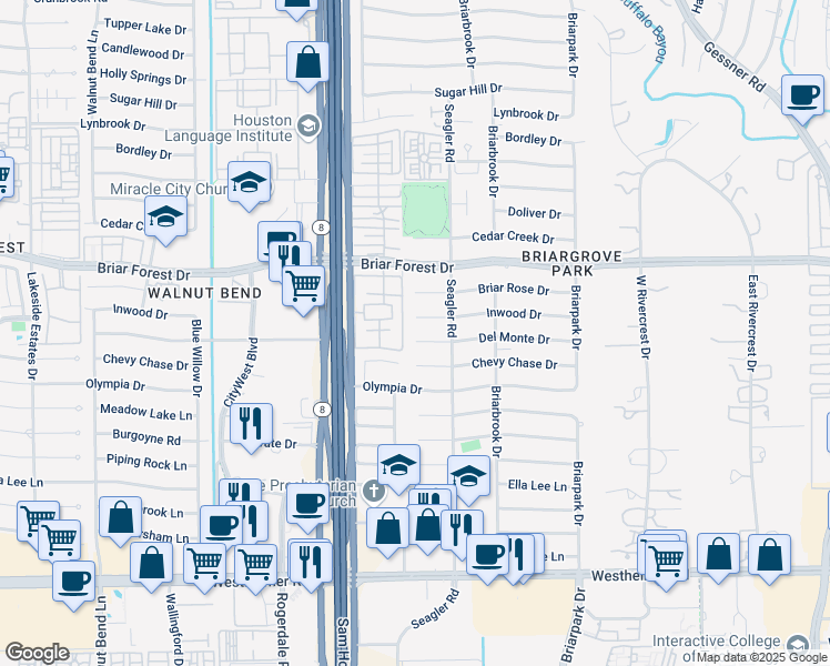 map of restaurants, bars, coffee shops, grocery stores, and more near 10218 Del Monte Drive in Houston