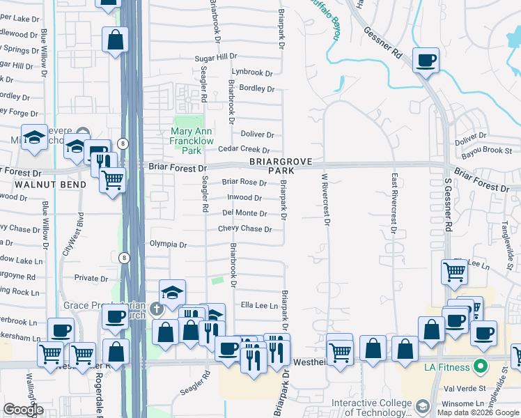 map of restaurants, bars, coffee shops, grocery stores, and more near 10022 Del Monte Drive in Houston