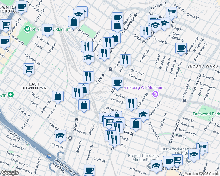 map of restaurants, bars, coffee shops, grocery stores, and more near 800 Milby Street in Houston