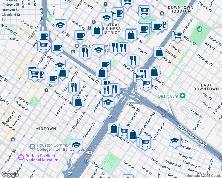 map of restaurants, bars, coffee shops, grocery stores, and more near 1703 Gray Street in Houston