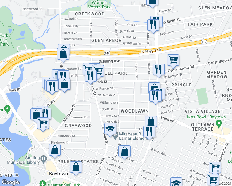 map of restaurants, bars, coffee shops, grocery stores, and more near 402 West Homan Avenue in Baytown