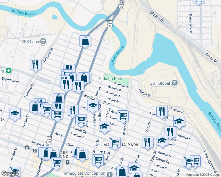 map of restaurants, bars, coffee shops, grocery stores, and more near 7022 Avenue P in Houston