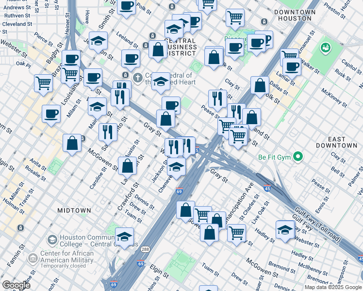 map of restaurants, bars, coffee shops, grocery stores, and more near 2105 Jackson Street in Houston