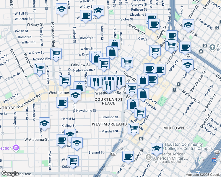 map of restaurants, bars, coffee shops, grocery stores, and more near 208 Avondale Street in Houston