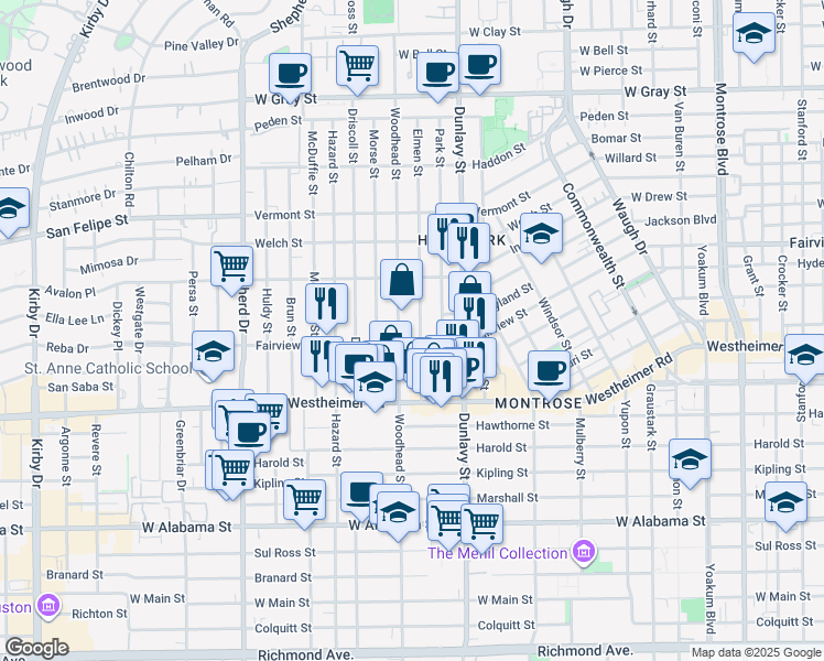 map of restaurants, bars, coffee shops, grocery stores, and more near 2315 Woodhead Street in Houston