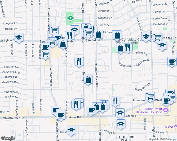 map of restaurants, bars, coffee shops, grocery stores, and more near 2001 Bering Drive in Houston
