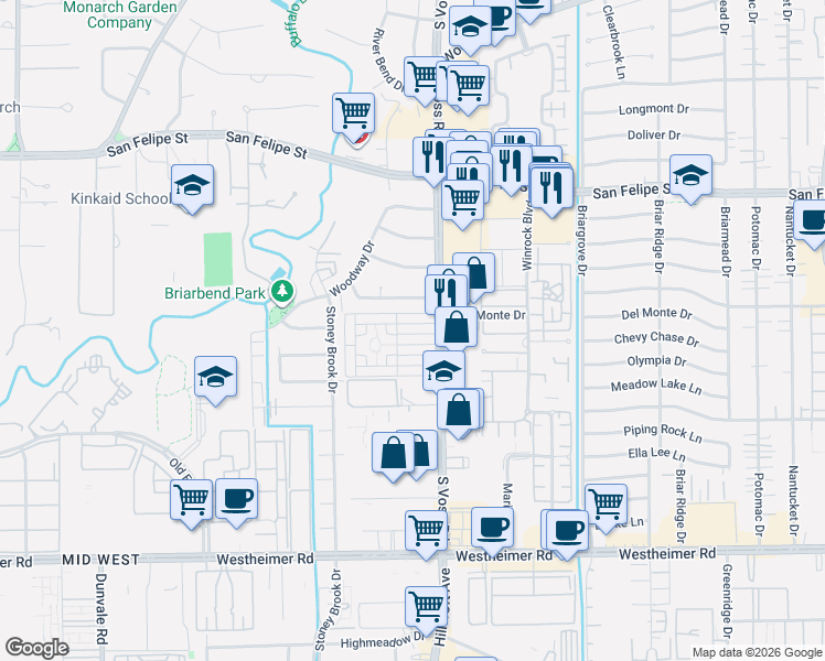 map of restaurants, bars, coffee shops, grocery stores, and more near 7520 Chevy Chase Drive in Houston