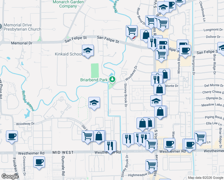map of restaurants, bars, coffee shops, grocery stores, and more near 7903 Del Monte Drive in Houston