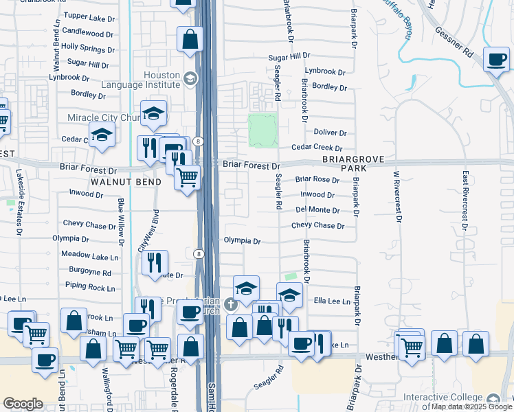 map of restaurants, bars, coffee shops, grocery stores, and more near 10218 Del Monte Drive in Houston