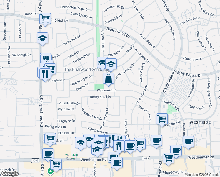 map of restaurants, bars, coffee shops, grocery stores, and more near 12222 Waldemar Drive in Houston