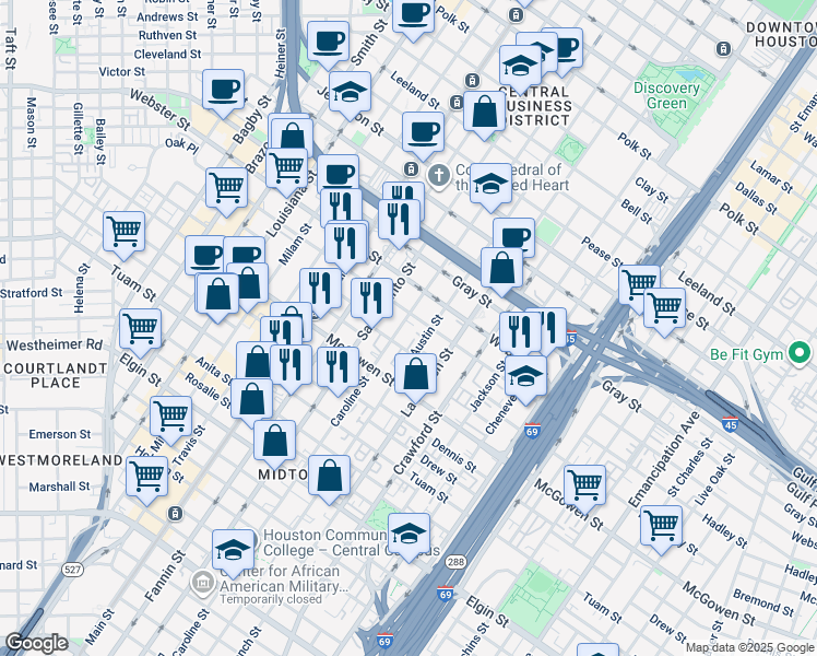 map of restaurants, bars, coffee shops, grocery stores, and more near 2300 Austin Street in Houston