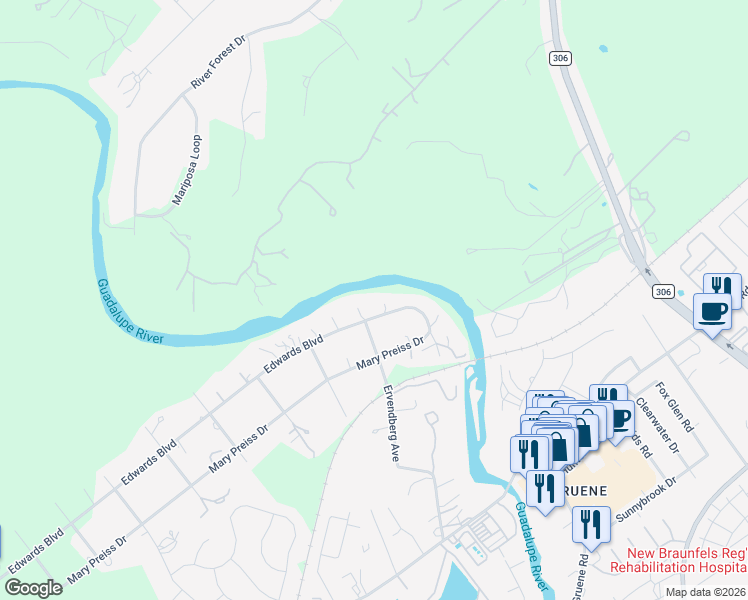 map of restaurants, bars, coffee shops, grocery stores, and more near 1427 Edwards Boulevard in New Braunfels