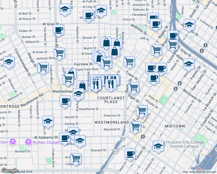map of restaurants, bars, coffee shops, grocery stores, and more near 302 Avondale Street in Houston