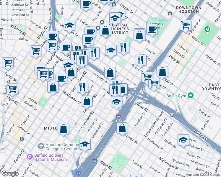 map of restaurants, bars, coffee shops, grocery stores, and more near 1500 Webster Street in Houston