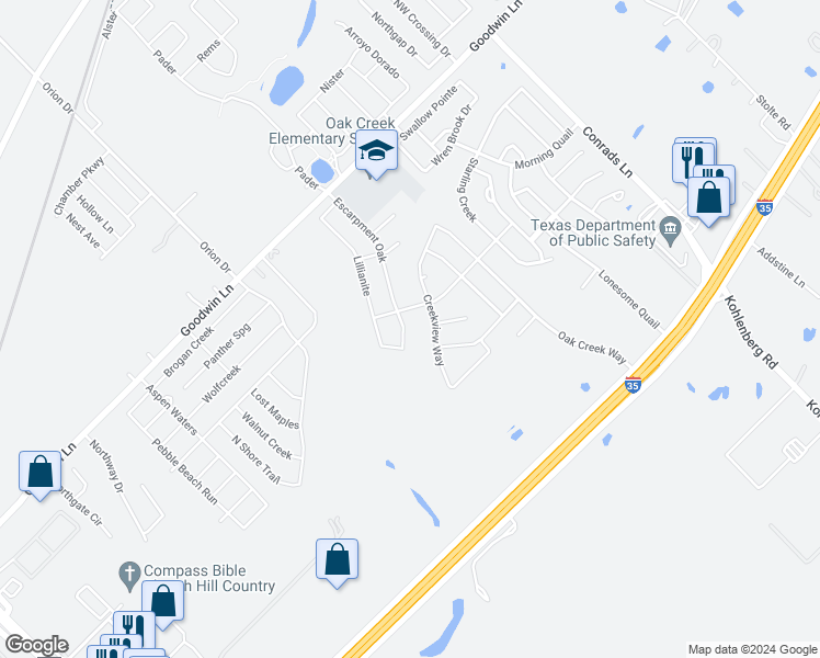 map of restaurants, bars, coffee shops, grocery stores, and more near 268 Escarpment Oak in New Braunfels
