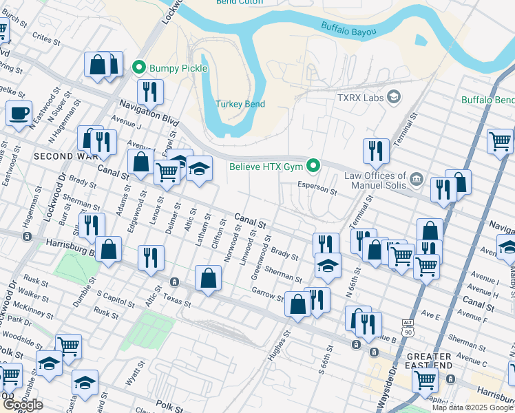 map of restaurants, bars, coffee shops, grocery stores, and more near 5900 Canal Street in Houston