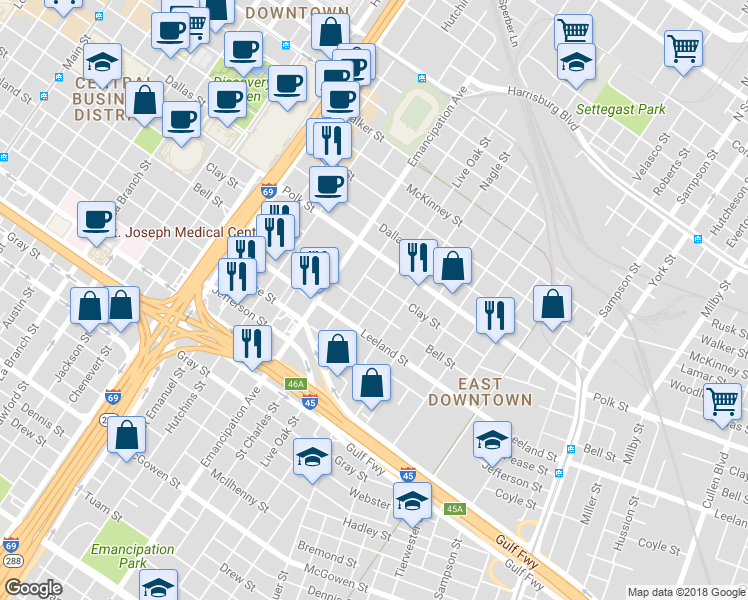 map of restaurants, bars, coffee shops, grocery stores, and more near 1418 Live Oak Street in Houston