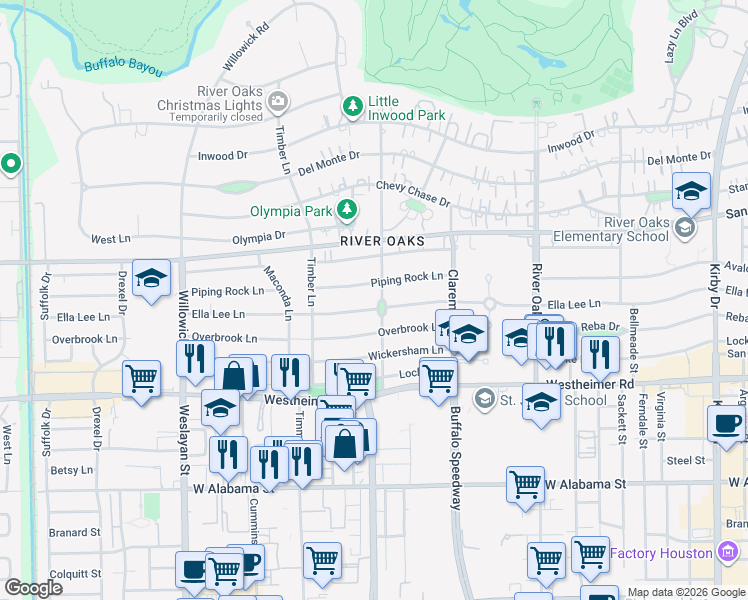 map of restaurants, bars, coffee shops, grocery stores, and more near 3466 Ella Lee Lane in Houston