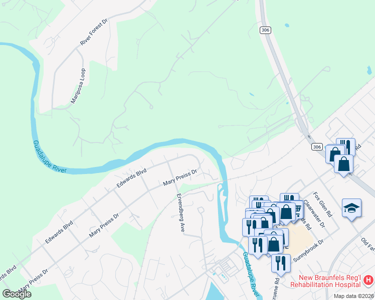 map of restaurants, bars, coffee shops, grocery stores, and more near 1479 Edwards Boulevard in New Braunfels