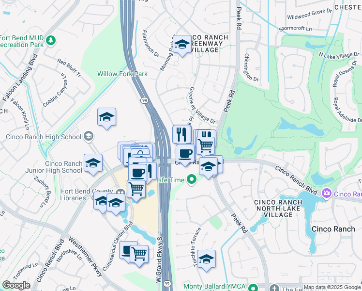 map of restaurants, bars, coffee shops, grocery stores, and more near 23211 Lodgepoint Drive in Katy
