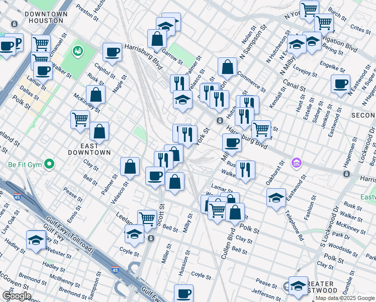 map of restaurants, bars, coffee shops, grocery stores, and more near 3420 Rusk Street in Houston