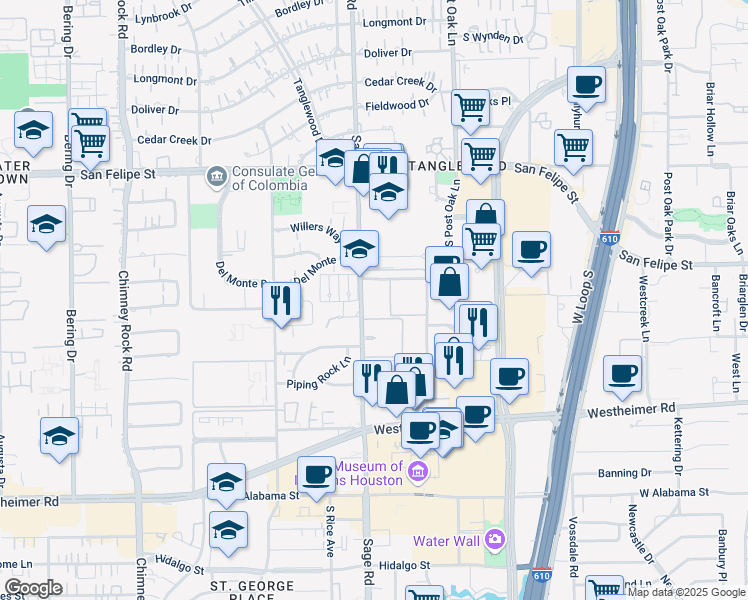 map of restaurants, bars, coffee shops, grocery stores, and more near 2121 Sage Road in Houston