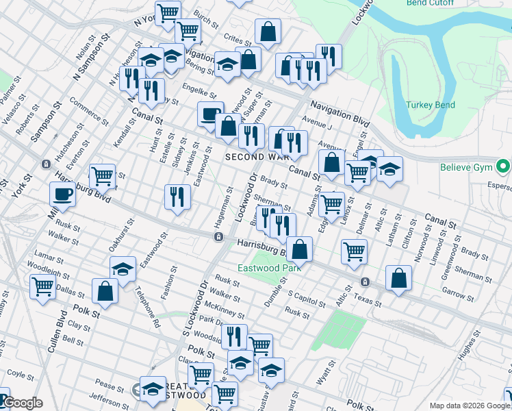 map of restaurants, bars, coffee shops, grocery stores, and more near 209 Burr Street in Houston