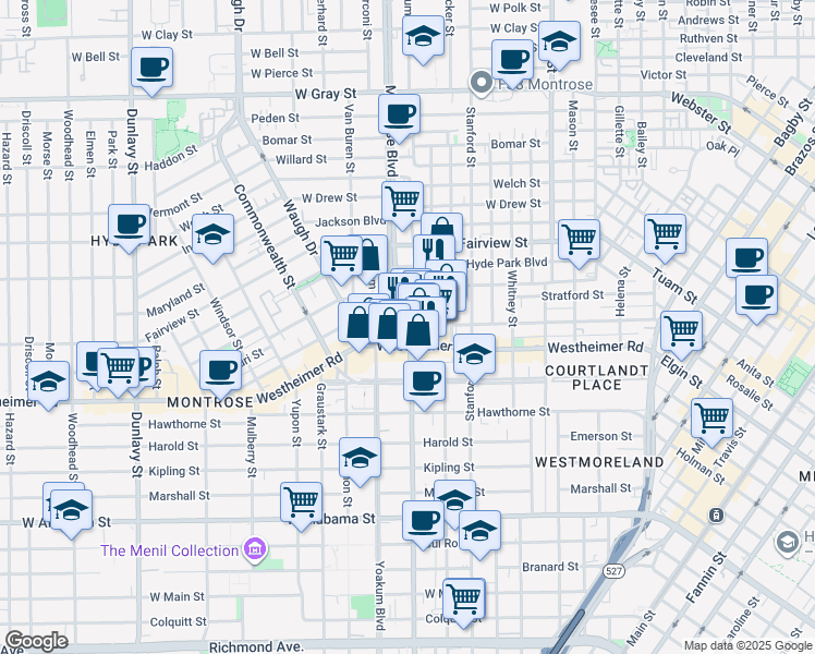 map of restaurants, bars, coffee shops, grocery stores, and more near 907 Westheimer Road in Houston