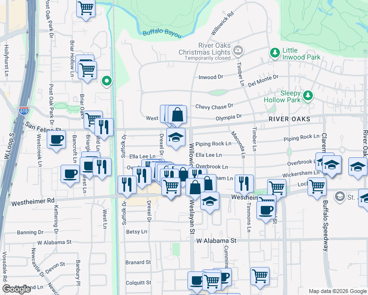 map of restaurants, bars, coffee shops, grocery stores, and more near 2200 Willowick Road in Houston