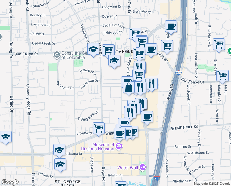 map of restaurants, bars, coffee shops, grocery stores, and more near 2300 McCue Road in Houston