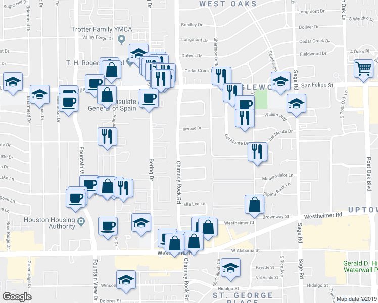 map of restaurants, bars, coffee shops, grocery stores, and more near 5658 Chevy Chase Drive in Houston