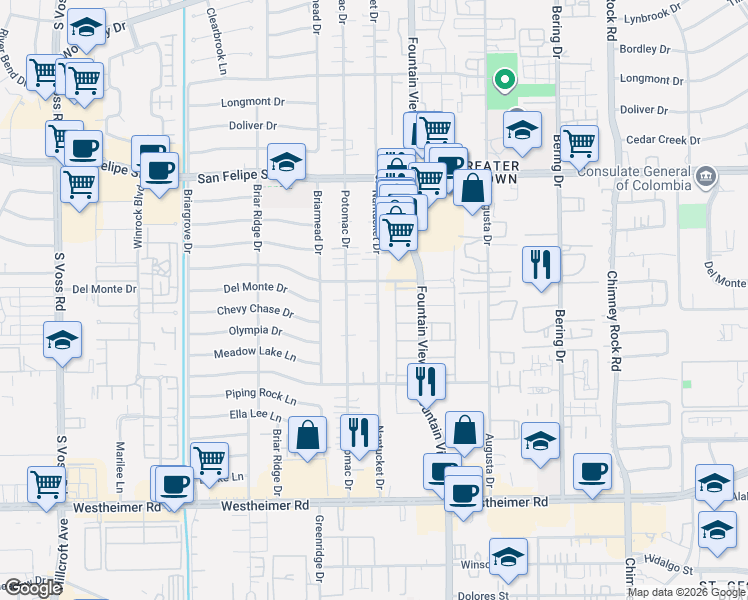 map of restaurants, bars, coffee shops, grocery stores, and more near 2119 Nantucket Drive in Houston