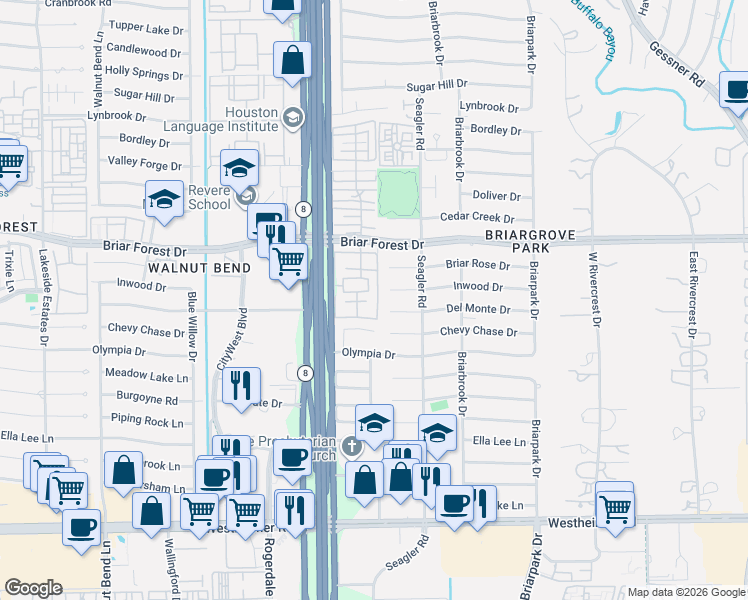 map of restaurants, bars, coffee shops, grocery stores, and more near 1687 West Sam Houston Parkway South in Houston