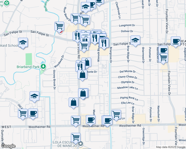 map of restaurants, bars, coffee shops, grocery stores, and more near 6403 Del Monte Drive in Houston