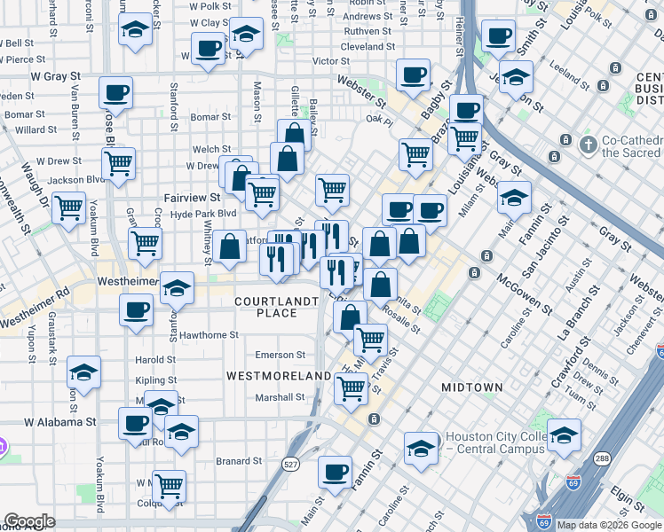 map of restaurants, bars, coffee shops, grocery stores, and more near 106 Westheimer Road in Houston