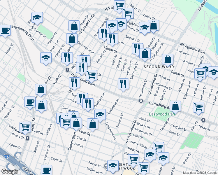 map of restaurants, bars, coffee shops, grocery stores, and more near 416 Estelle Street in Houston