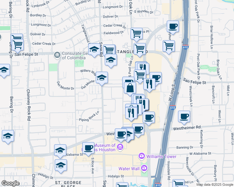 map of restaurants, bars, coffee shops, grocery stores, and more near 2300 McCue Road in Houston