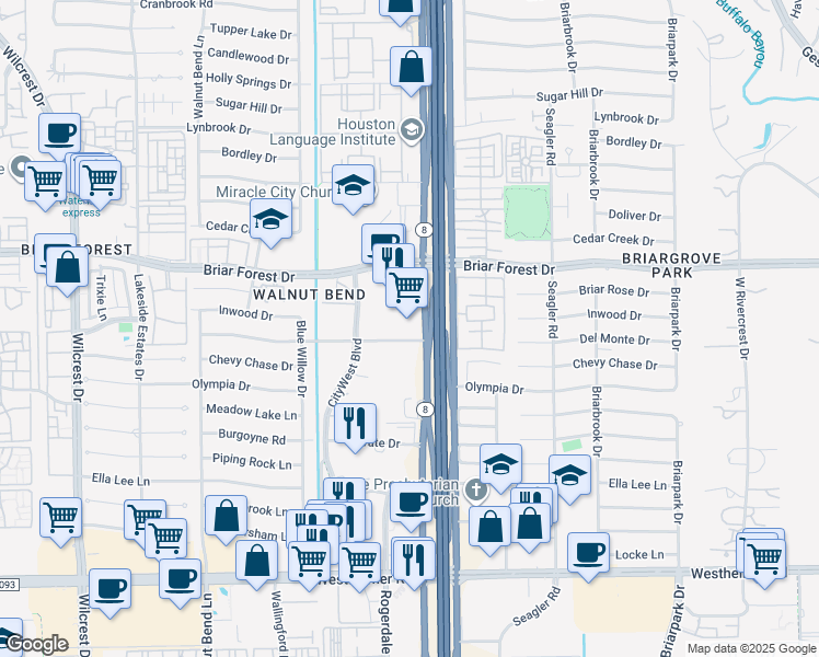 map of restaurants, bars, coffee shops, grocery stores, and more near 2050 West Sam Houston Parkway South in Houston