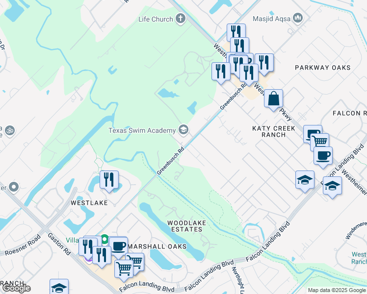map of restaurants, bars, coffee shops, grocery stores, and more near 3531 Greenbusch Road in Katy