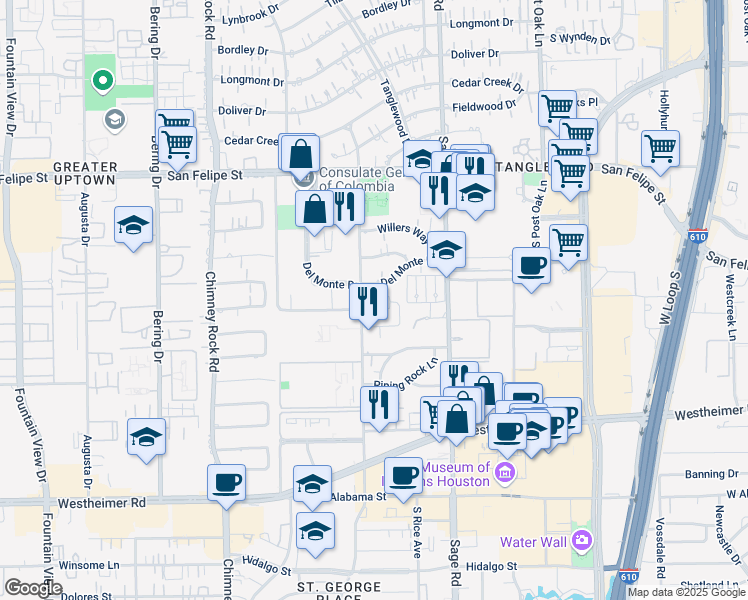 map of restaurants, bars, coffee shops, grocery stores, and more near 5431 Chevy Chase Drive in Houston