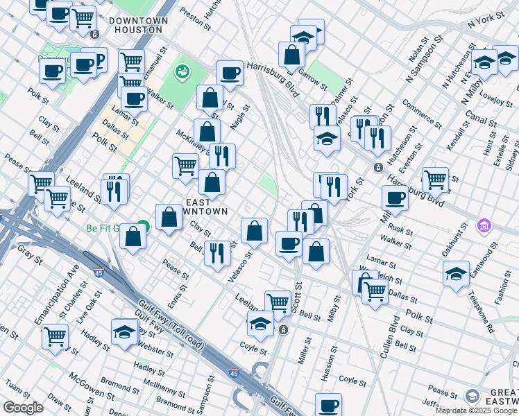 map of restaurants, bars, coffee shops, grocery stores, and more near Lamar St & Palmer St in Houston