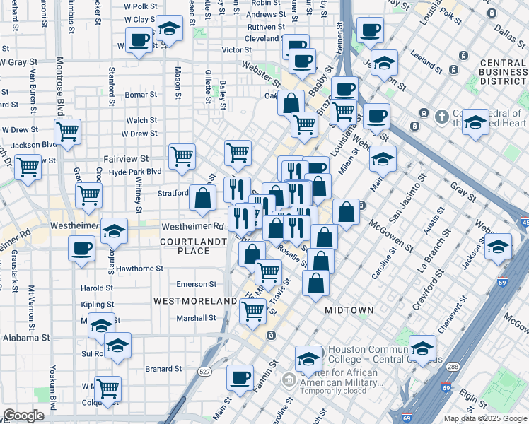 map of restaurants, bars, coffee shops, grocery stores, and more near 2900 Louisiana Street in Houston