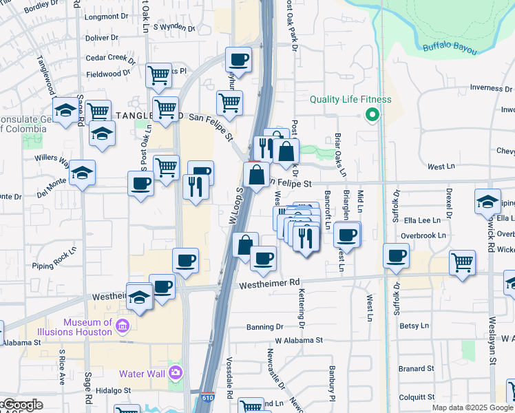 map of restaurants, bars, coffee shops, grocery stores, and more near 2040 Westcreek Lane in Houston