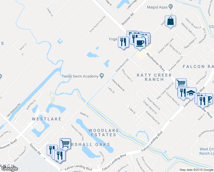 map of restaurants, bars, coffee shops, grocery stores, and more near 2927 Lake Drive in Katy